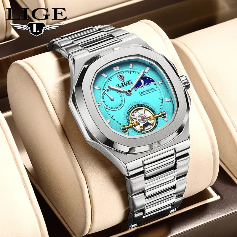 Orologio di Lusso da Uomo LIGE, Impermeabile, Luminoso, Meccanico, con Fasi Lunari, Movimento Automatico, Regalo per Uomo