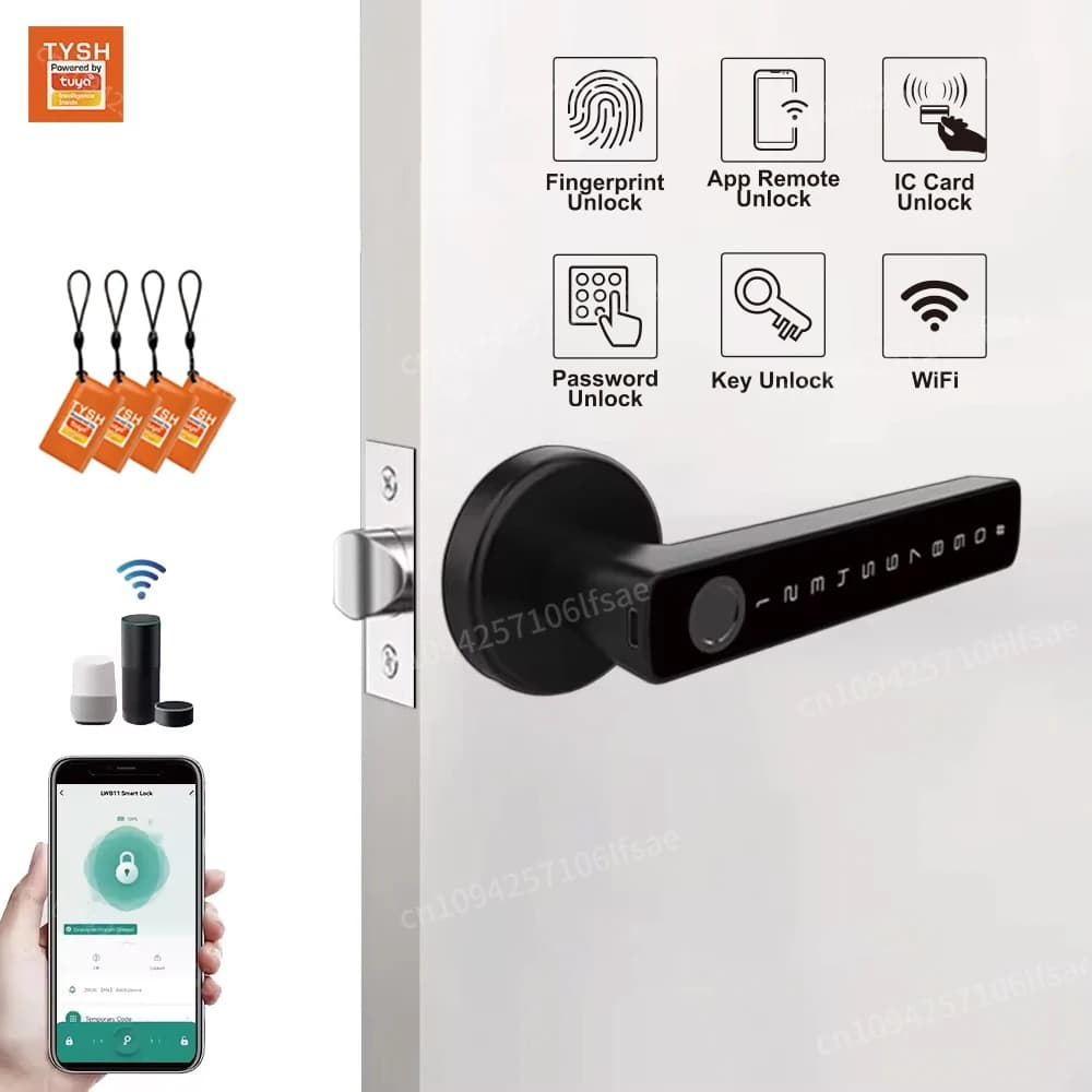 TYSH Tuya Password biometrica per impronte digitali Maniglia elettrica Serratura per porta Camera da letto Casa Serratura per porta intelligente in legno Serratura intelligente