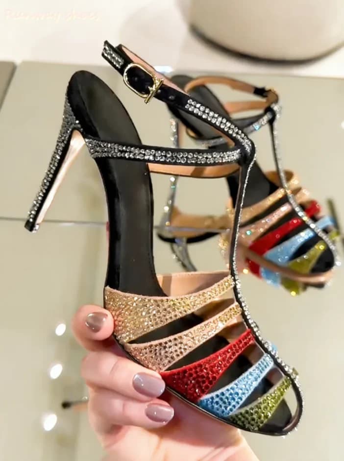 Sandali di Lusso Nuovo Modello con Strass, Punta Rotonda, Design Scavato, Asakuchi, Chiusura a Fascia Unica, Tacchi a Spillo, da Donna per Banchetti