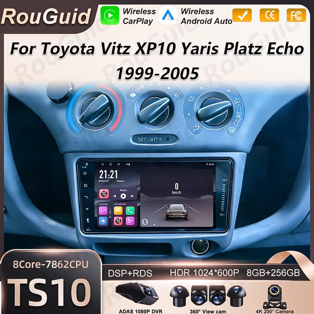Autoradio Android Auto for Toyota Vitz XP10 Yaris Platz Echo 1999-2005, Stereo Multimedia Reader with Carplay