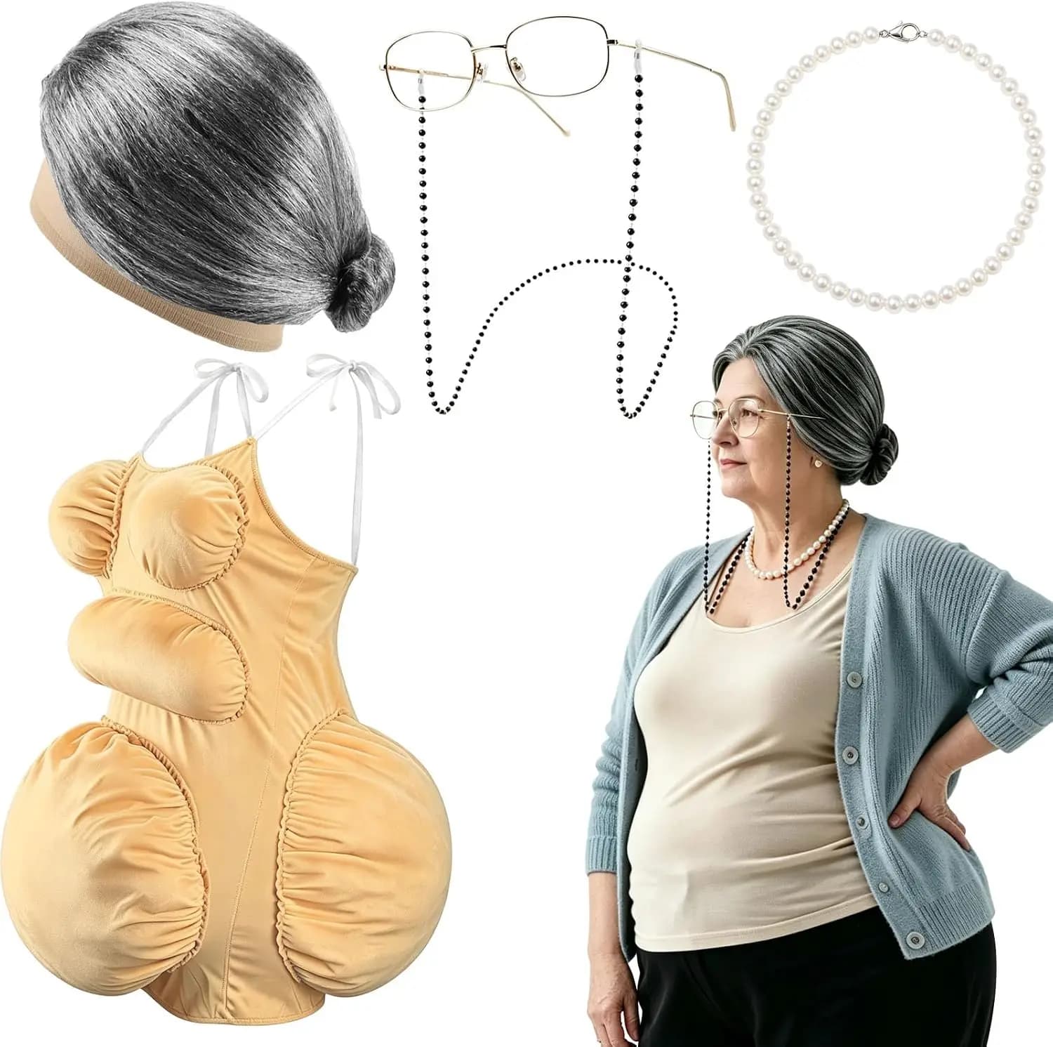 Fat Old Lady Costume Set Fake Belly and Chest Fat Suit for Adults with Grey Wig, Pearl Necklace Glasses Funny Halloween Costume