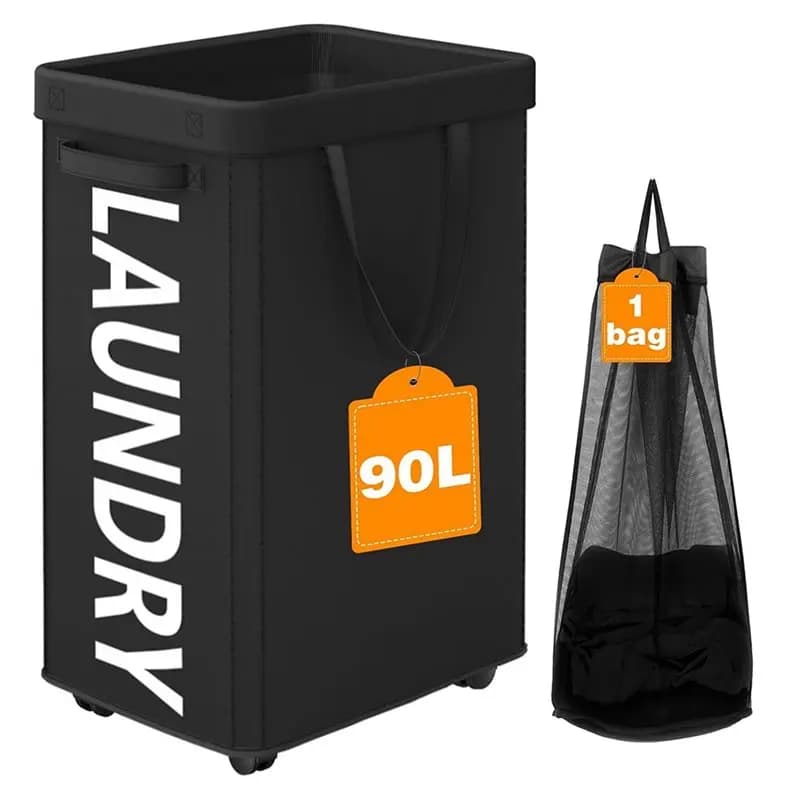 Cesti per biancheria neri ABFI con ruote, cesto portabiancheria da 90 litri con ruote, cesto da 29 pollici con ruote e borsa in rete rimovibile