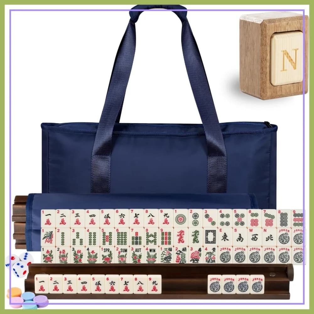 Set Mahjong Americano 166 Tessere con Borsa da Viaggio, Supporti in Legno di Noce, Gioco Occidentale per Adulti