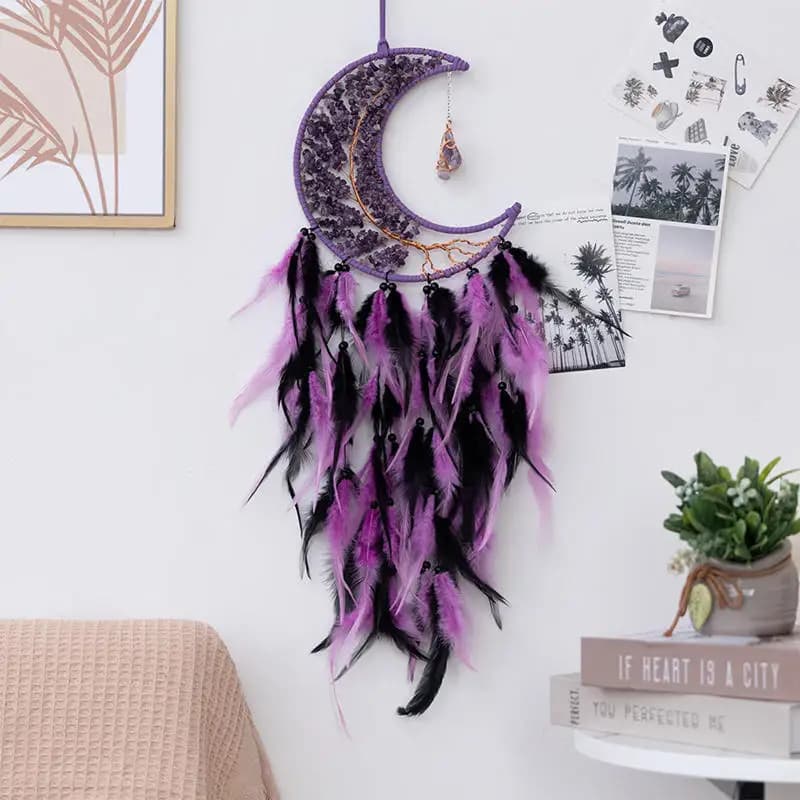 Handmade Natural Stone Tree of Life Dreamcatcher Crystal Gem Moon Feather Dream Catcher Hanging Home Living Room Decoration Gift