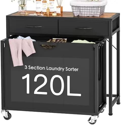 Laundry Sorter, Rolling Laundry Hamper with 3 Section Pull-Out Bags, Laundry Basket Organizer with 2 Ders & 2-Tone Top