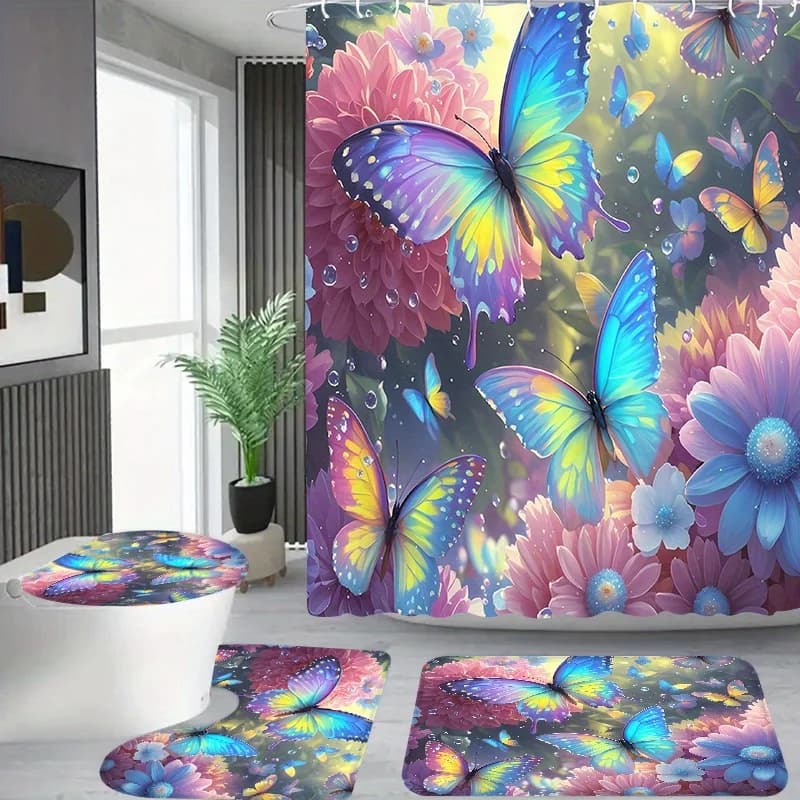 4 pezzi delicati motivi di farfalle e fiori, bagno dell'appartamento, tenda da doccia per doccia, set di tende da doccia per hotel
