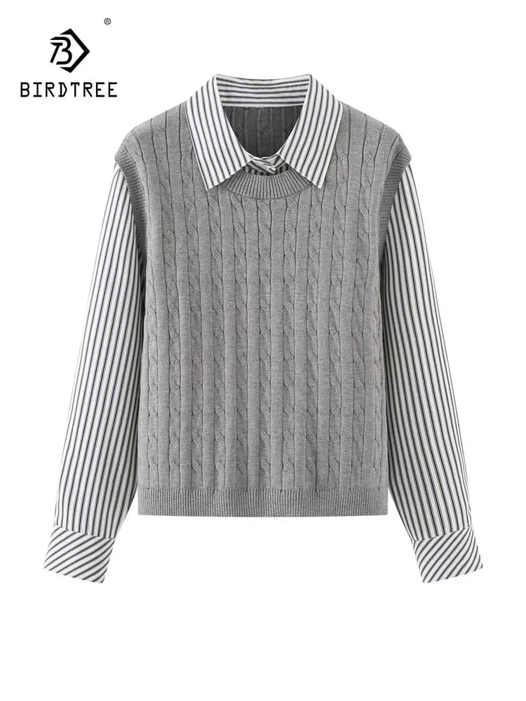 Nuovo maglione invernale in misto cotone 2025, strisce con risvolto da donna, maglione pullover Mori Girl Chic lavorato a maglia sciolto finto 2 pezzi T5N528CC