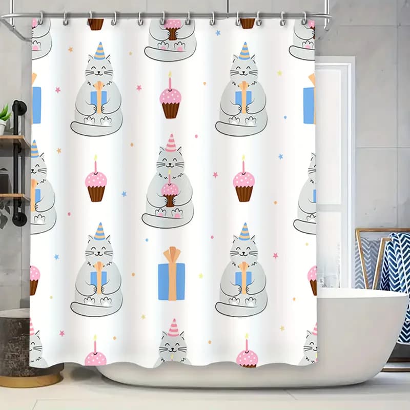 Tenda da doccia stampata bianca con simpatici cappelli da festa per gatti, design per decorazioni per il bagno per la decorazione domestica (dimensioni: 180x240 cm)