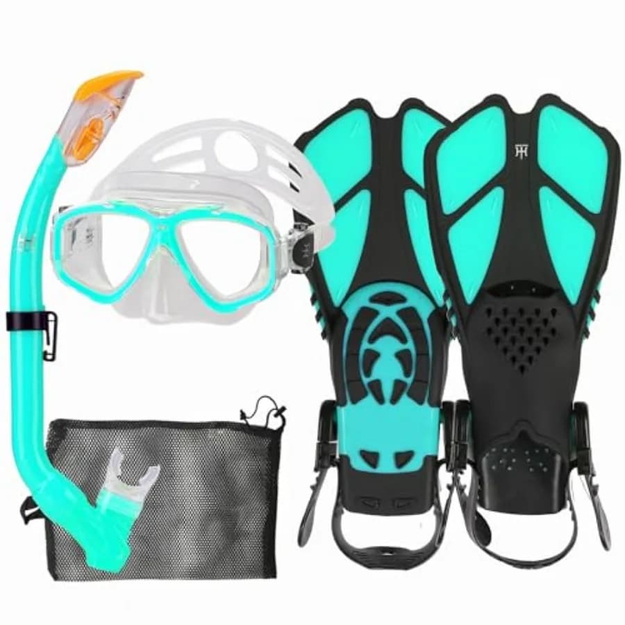 Set Snorkeling con Maschera, Boccaglio, Pinne Regolabili, Borsa a Rete, Antiappannamento e Antinfiltrazione