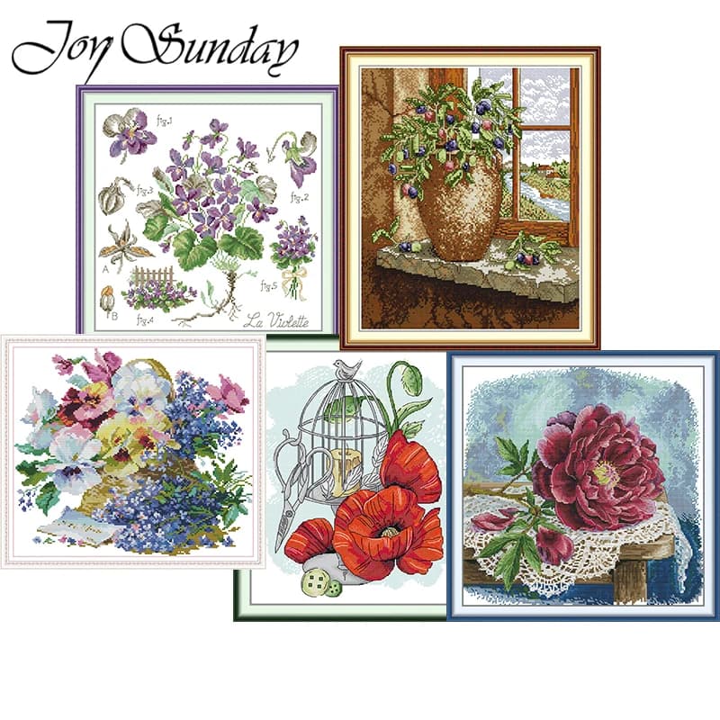 Joy Sunday Wholesale Vintage Floral Cross Stitch Kit Set, Counted Stamped Aida DMC Thread DIY Embroidery 5 Patterns Craft Supply