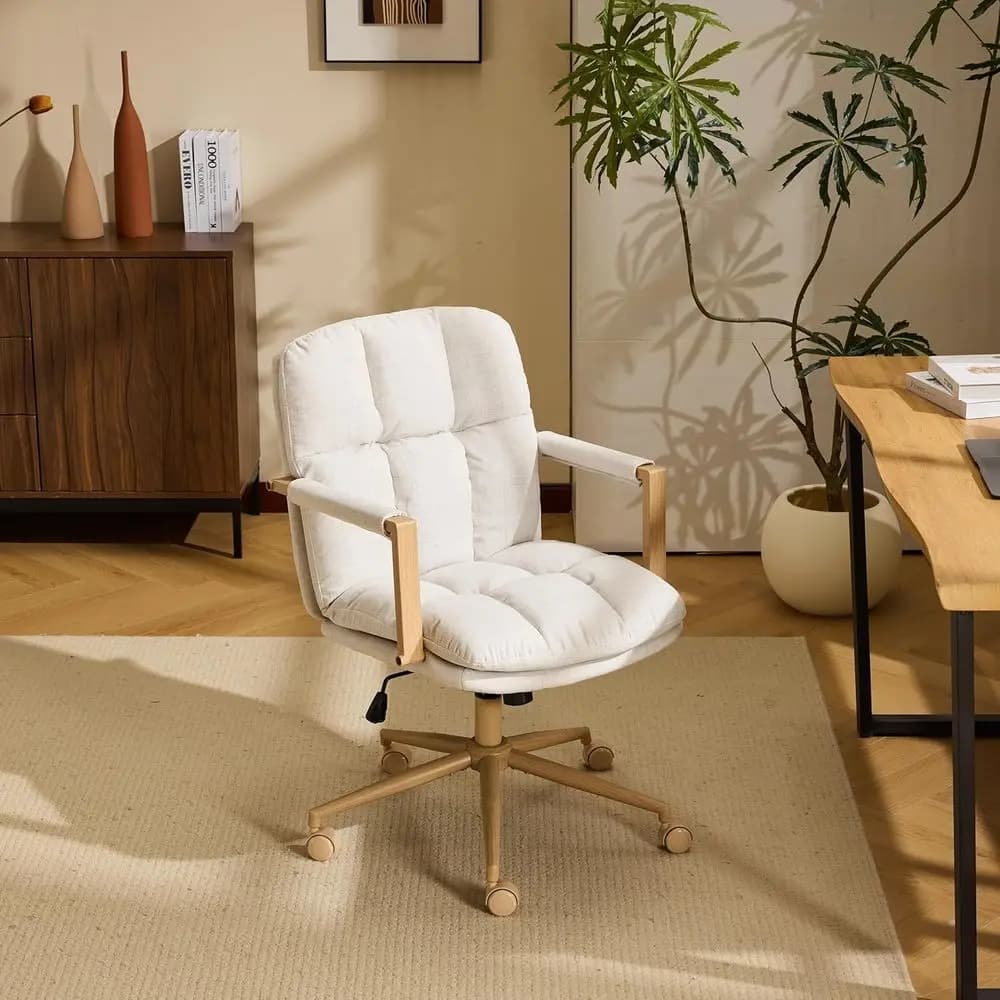 Swivel Desk Chair with Wheels, Detachable Cushions, and Wood-Like Armrests - Adjustable for Office, Makeup, Study, and Sewing, W