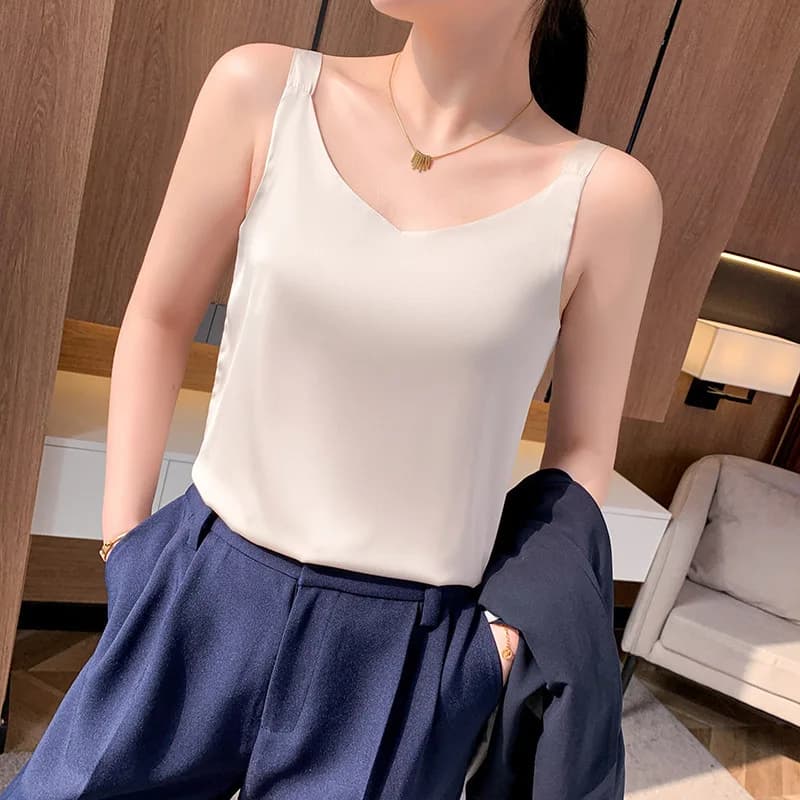 Camicetta in Seta da Donna, Stile Corto, per l'Estate, da Indossare all'Aperto, in Fibra di Poliestere, Scollo a U, Tendenza Moda Colorata