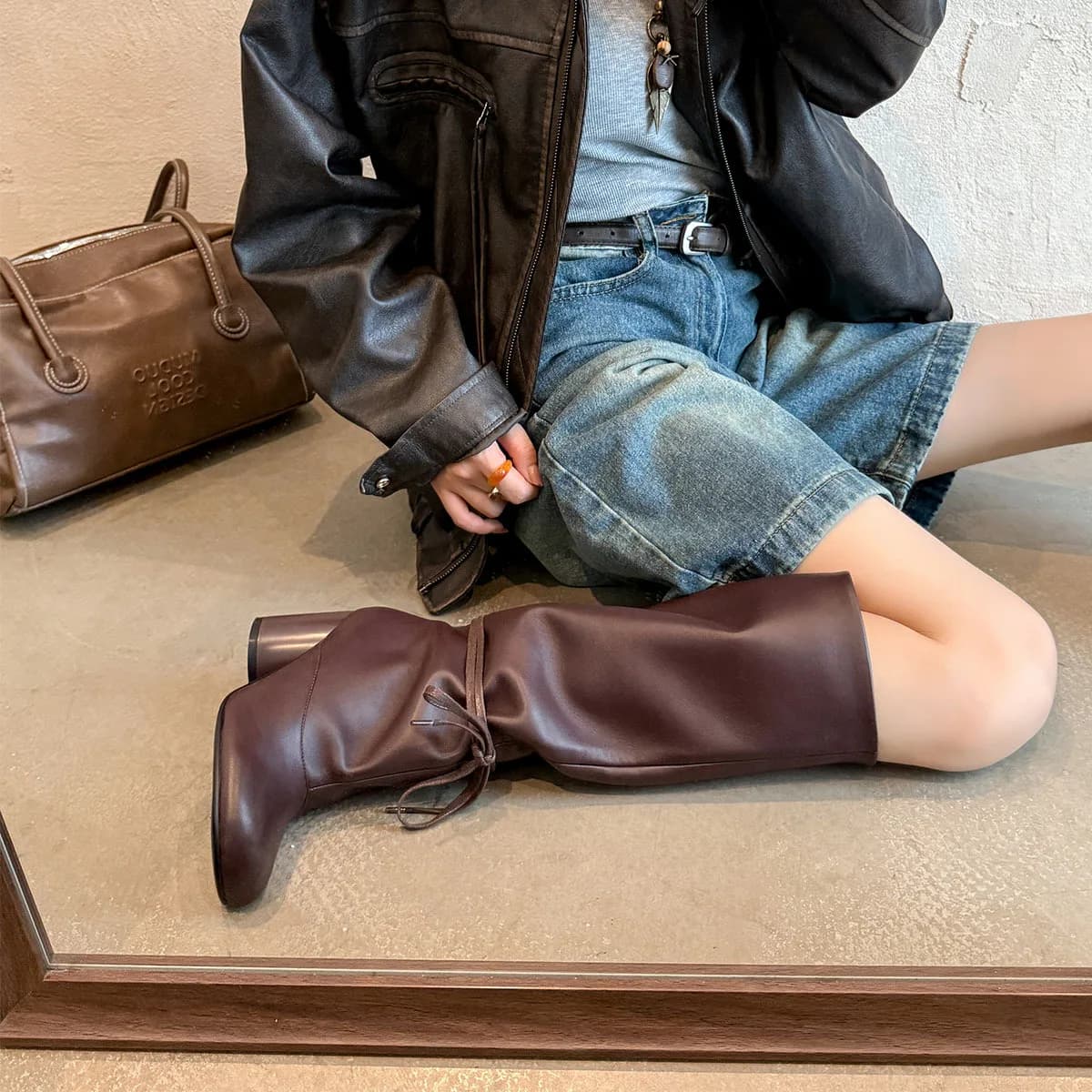 Arden Furtado Autumn cowhide Ankle strap Knee high boots Round toe slip-on Chunky heels Modern boots Large size Women's Boots