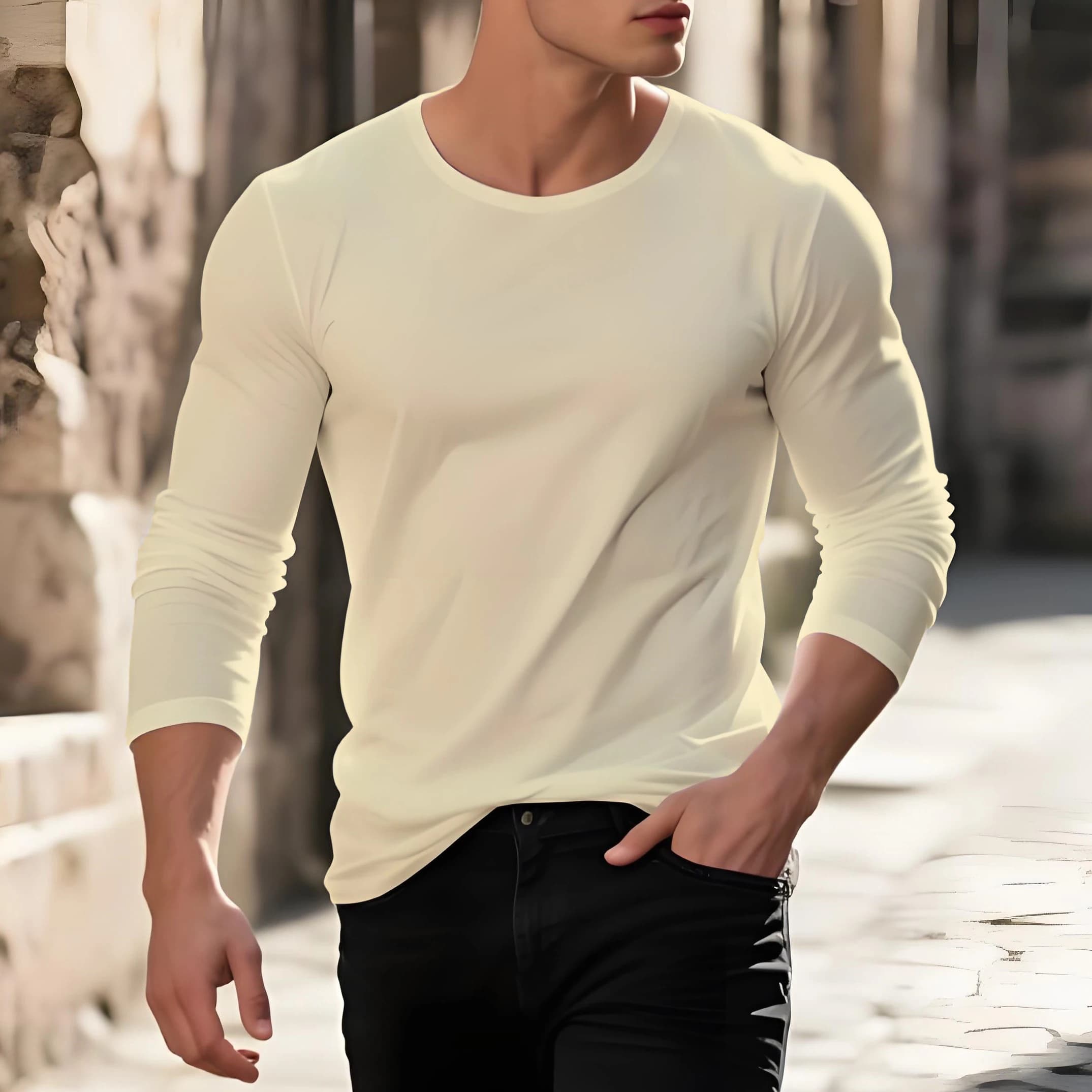 Simple Solid Color Print Men's Long Sleeve T-shirts Casual O-neck Loose Pullover Run Fitness Sports Tops Spring Autumn Clothing