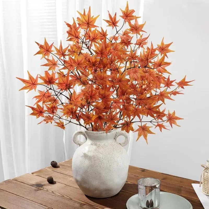 Plastic Artificial Autumn Maple Leaf Bush, Fall Color Fake Maple Foliage Plant, Faux Autumn Leaves Stem for Thanksgiving Home