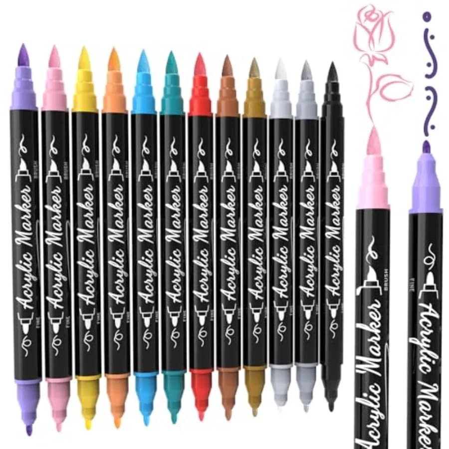 Acrylic Paint Markers, Brush and Fine Dual Tip Acrylic Paint Pens for Rock, Wood, Paper, Fabric, Canvas, Glass, Ceramic, Egg, S