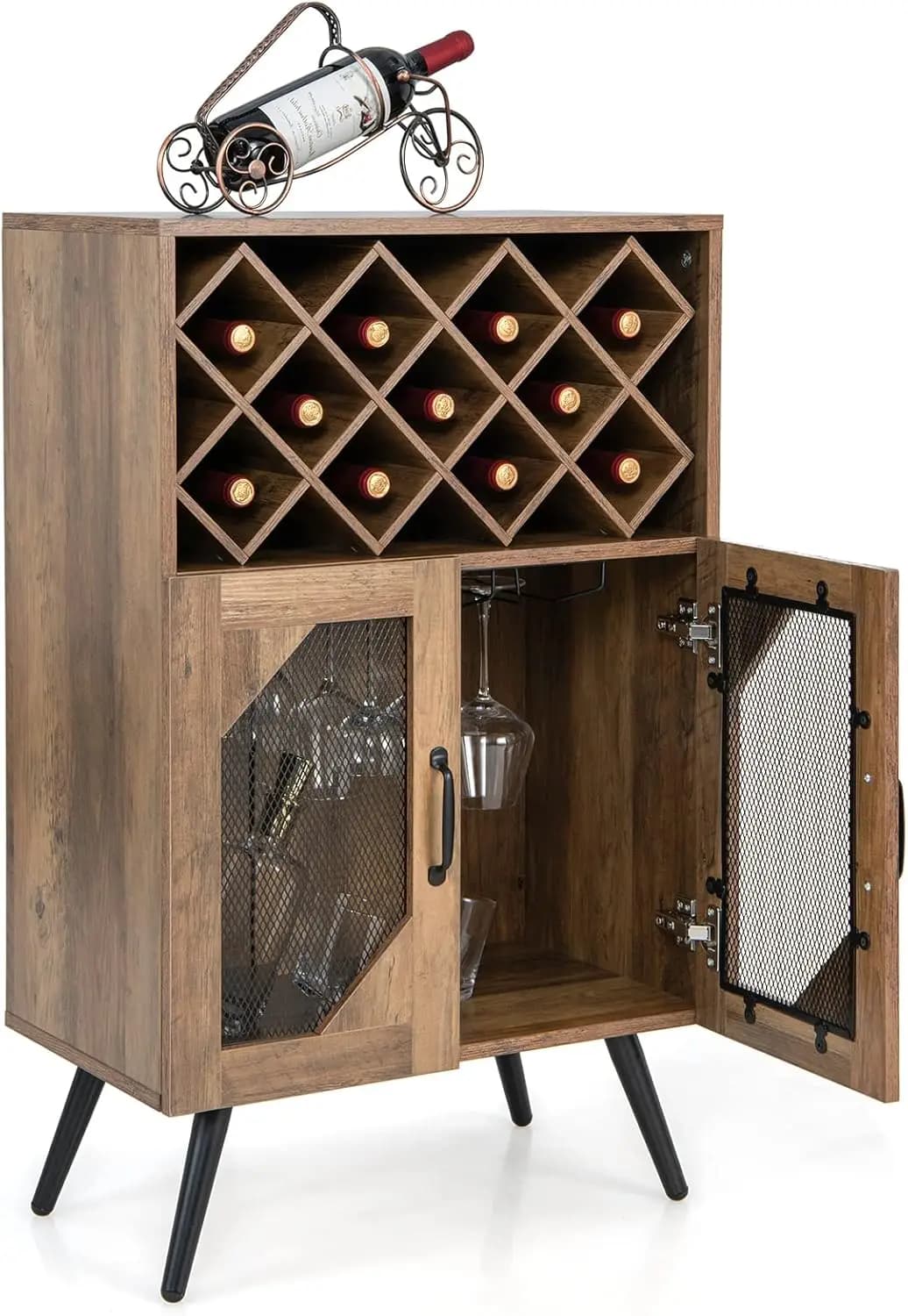 Credenza Buffet, armadietto da bar industriale in legno con accenti con portabottiglie rimovibile e supporti in vetro integrati