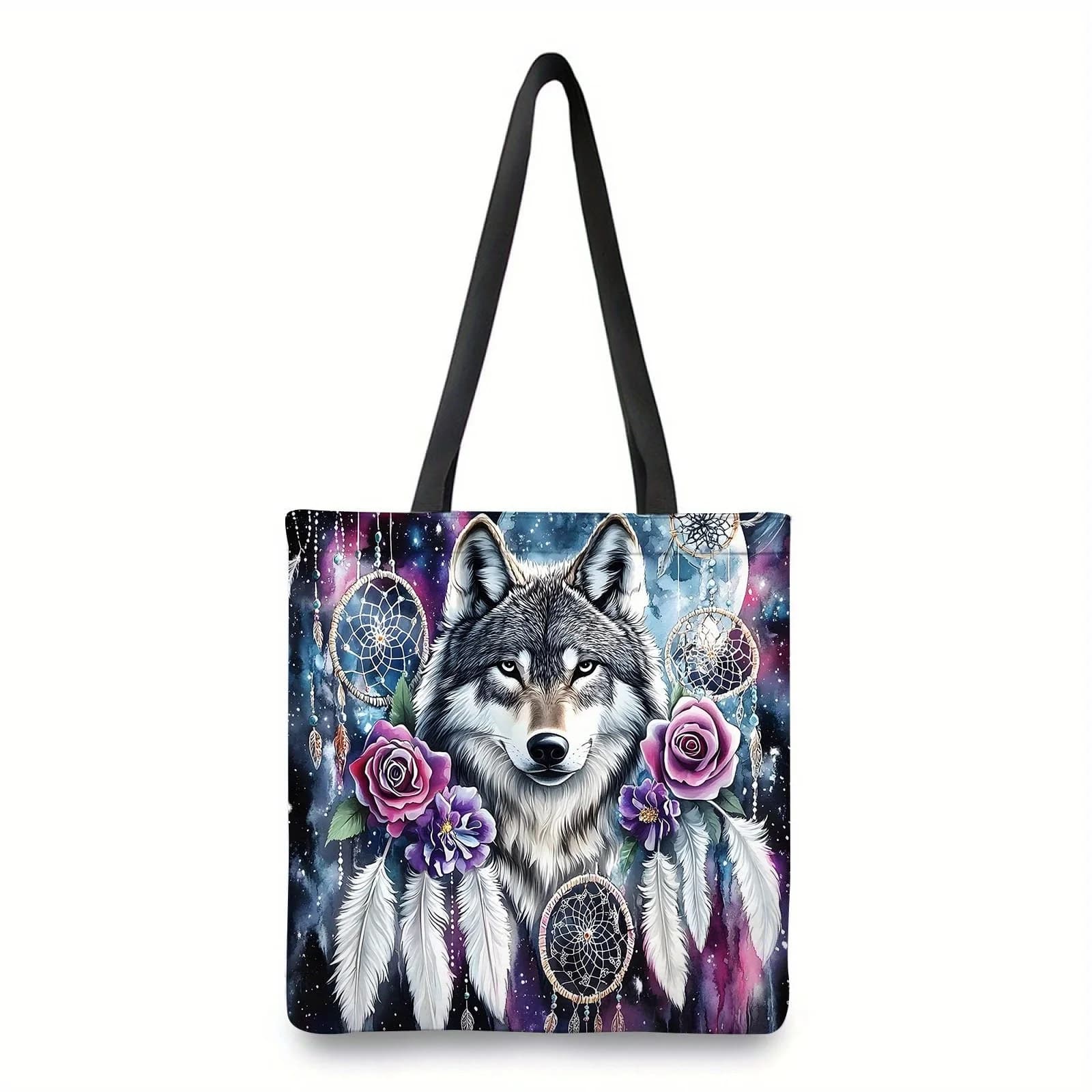 Dreamcatcher Wolf Tote Bag Stylish Black Shoulder Bag with Vibrant Wolf Floral Design for Travel Daily Use & Shopping Travel Bag