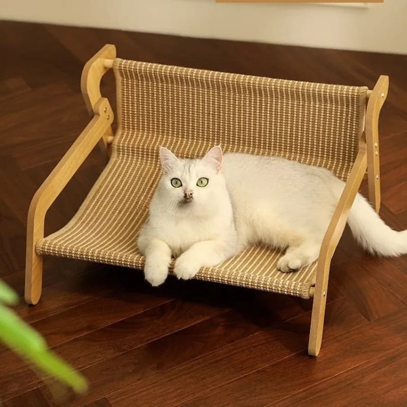 Cute Sofa-Shaped Cat Scratcher Lounge Bed Solid Wood Frame Linen Woven Cat Hammock No-Assembly Cat Couch for Indoor Cats