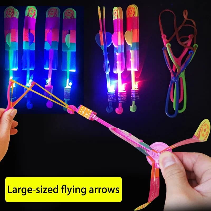 Giocattoli volanti 10 pezzi elicotteri freccia LED + 10 pezzi lanciatori bagliore nel buio giocattoli elicottero a razzo giocattoli fionda luminosi per bambini