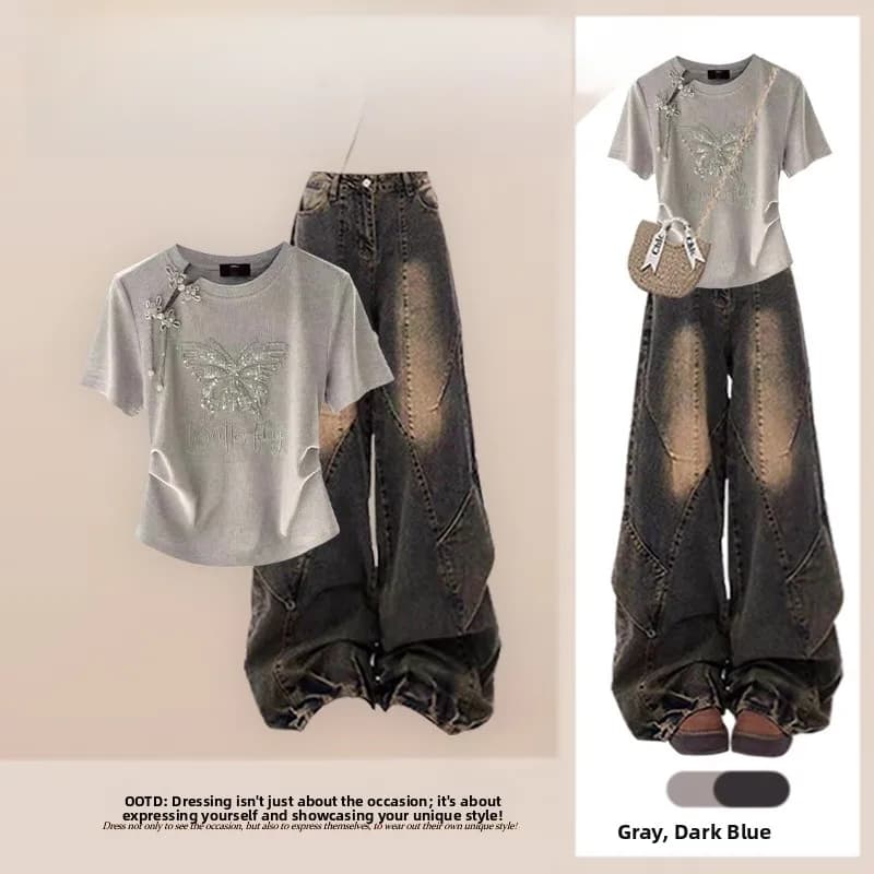 plus Size Summer Faion Set with Glitter ort Sve T-irt And Casual Wide Leg Jeans Two Piece Set for Women