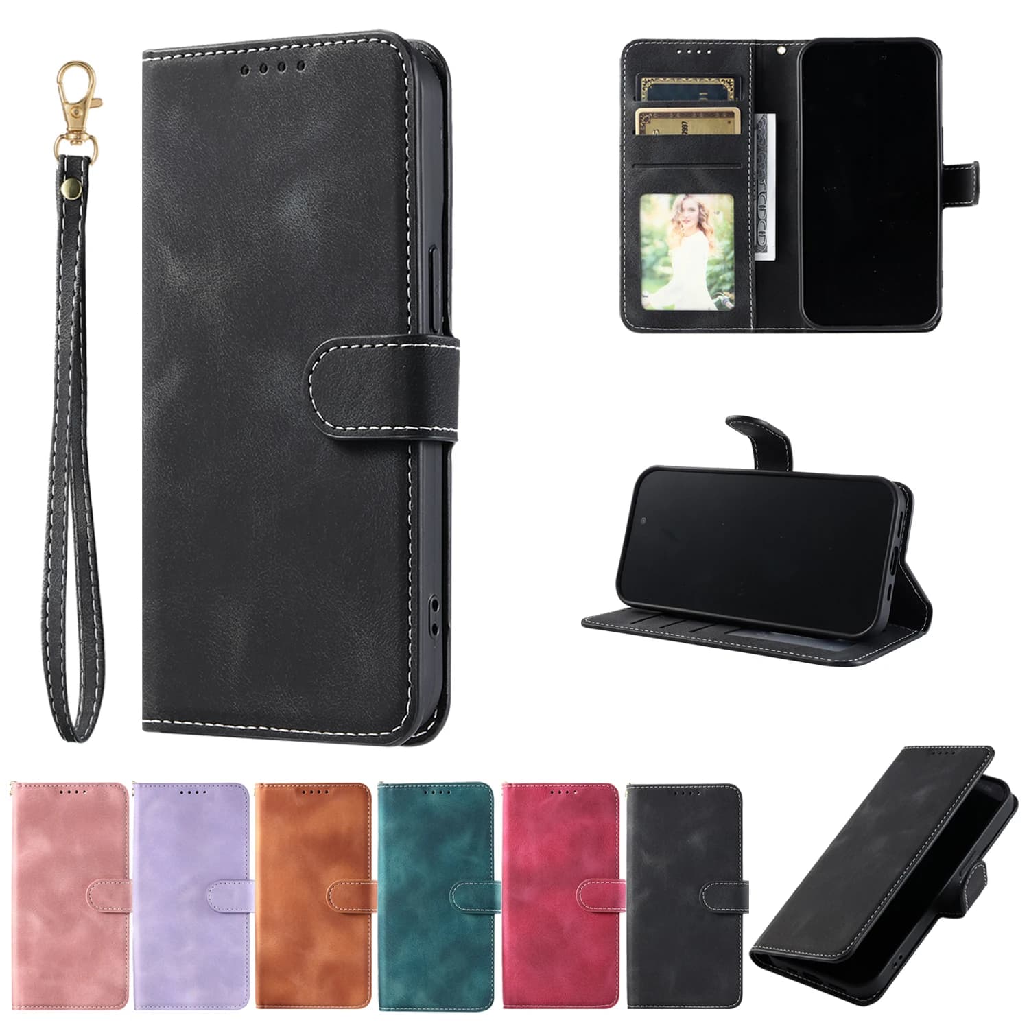 Custodia a portafoglio in pelle per iPhone 16 Plus 15 14 13 12 11 Pro Max 16E Xs Xr 8 7 Supporto per carta Libro Coque Cover per telefono con cordino