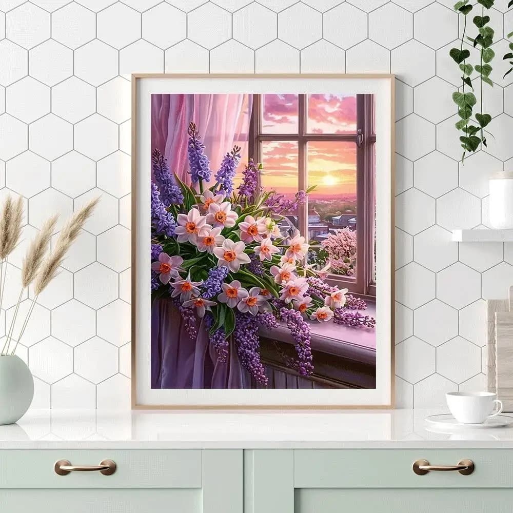 Kit Fai-da-Te per Pittura Diamante, Paesaggio Floreale per Finestre, Mosaico, Punto Croce, Arte Ricamata, Decorazione per Casa e Camera, Regalo, Senza Cornice