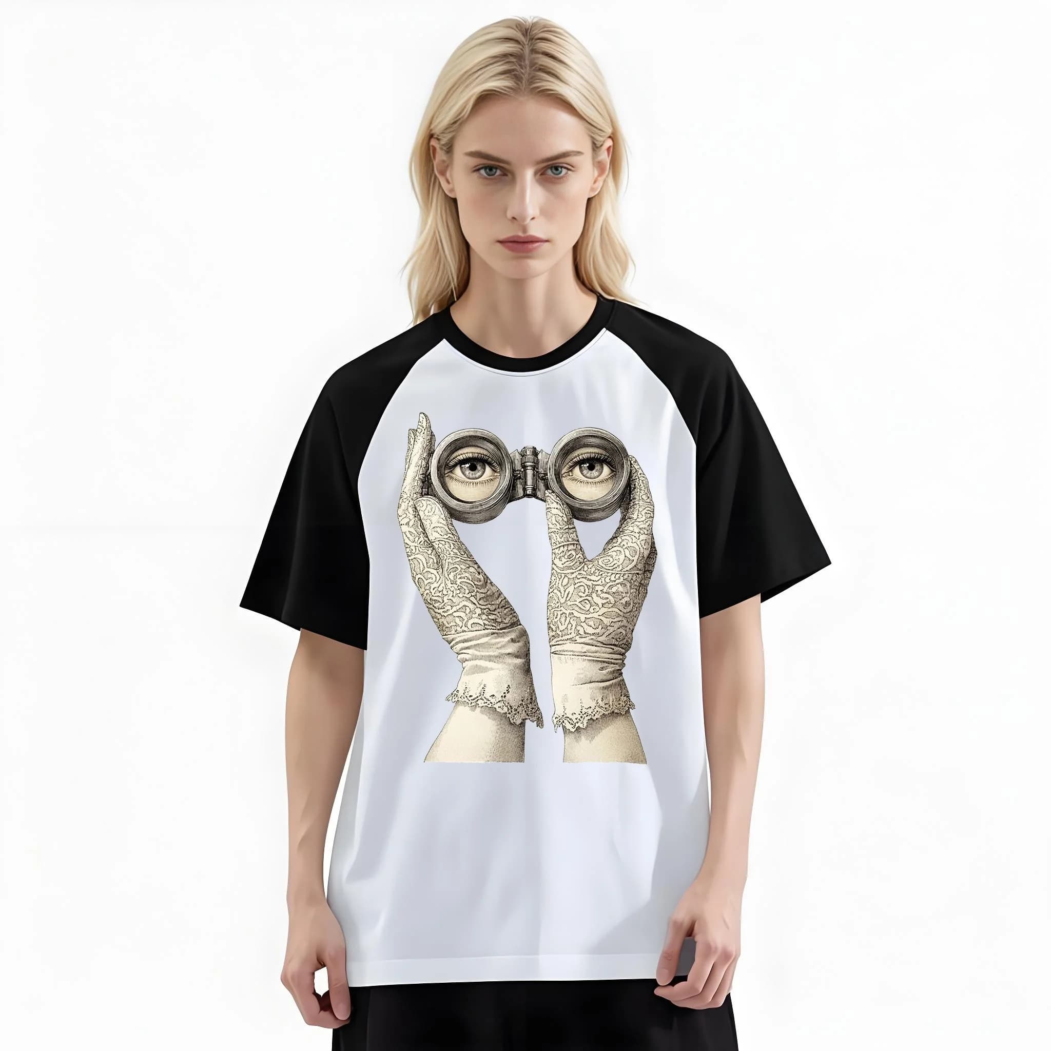Women'S Fashion Raglan Sleeve T-Shirt, Vintage Opera Gloves With Binoculars Art Printed, Summer Casual Comfortable Tee, Women'S Everyday Short-Sleeve Top