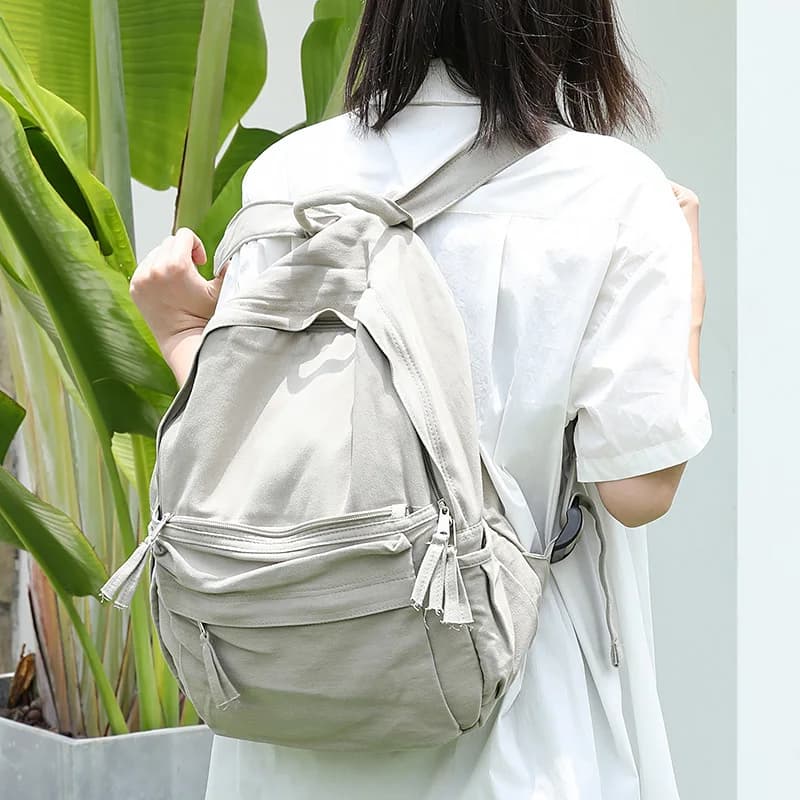 New in Women Light Grey Nylon Backpack Bag Multi Zipper Pocket Drawstring Closure Rucksack Casual Daily Travel Ladies School Bag