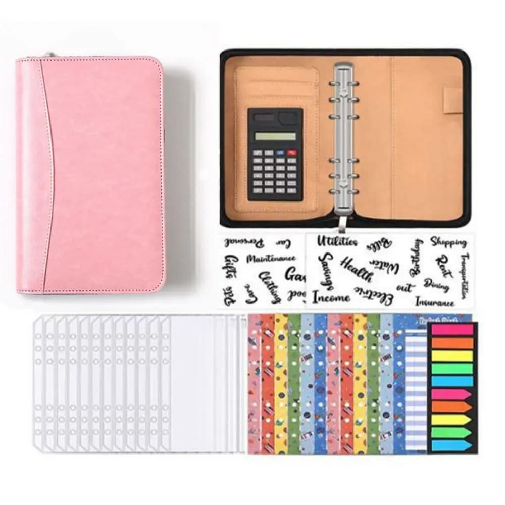 6-Ring File Folder A6 PU Leather Portfolio Binder Cover with Calculator Zippered Closure Work Record Book Office Supplies