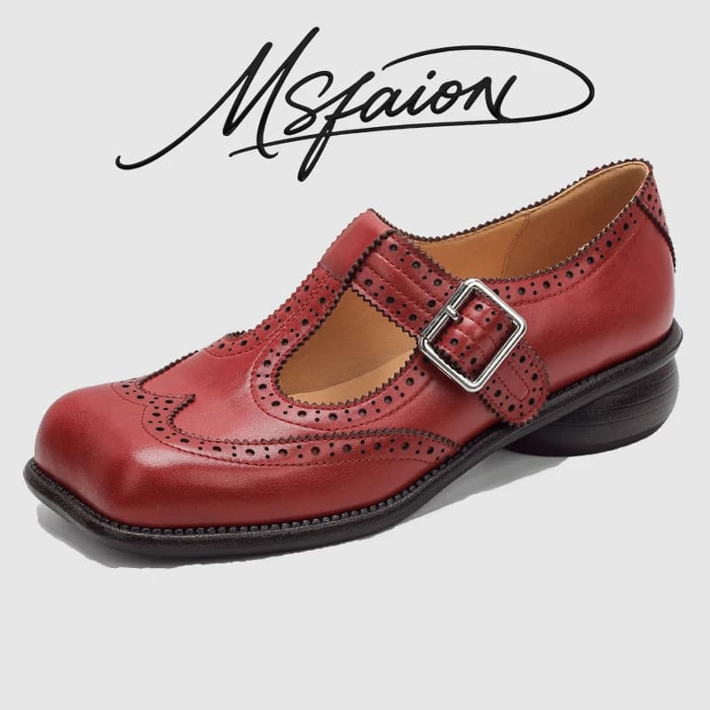 Scarpe da Donna Estive 2026 in Vera Pelle con Tacco Largo Comode Scarpe Eleganti da Ufficio con Tacco Medio Punta Quadrata Nere Rosse Marroni G95