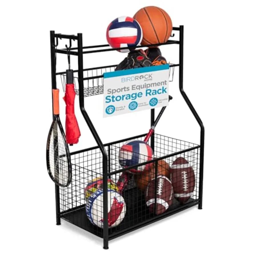Organizzatore di Attrezzature Sportive 43H, Scaffale per Garage, Porta Palloni da Baseball, Tennis, Calcio, Attrezzi da Palestra, Cesto Ampio con 4 Ganci, Porta Giocattoli