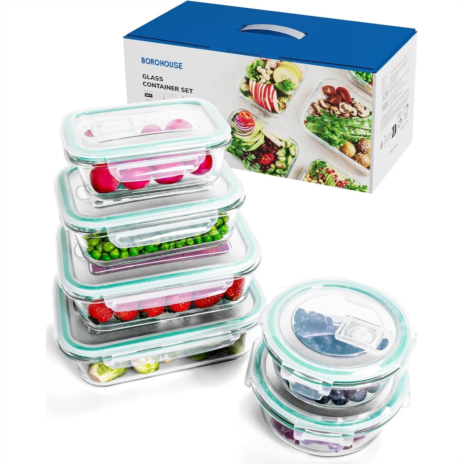 Set di 6 Contenitori in Vetro Borosilicato per Alimenti, Coperchi Ermetici, Adatti per Forno e Microonde, Anti-Perdita, Senza BPA, per Preparazione Pasti