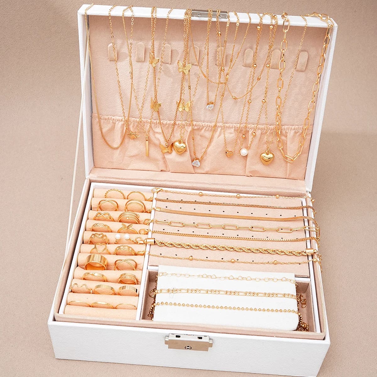 40 pezzi/set eleganti anelli di perle geometriche, collana multistrato con zirconi a forma di cuore, braccialetto semplice set di gioielli 3 in 1 per regali da donna