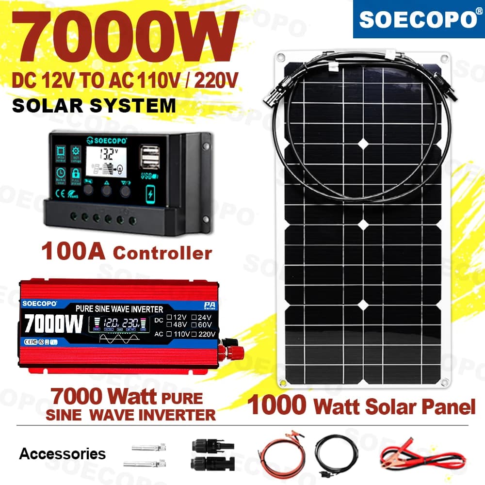 Inverter a onda sinusoidale pura da 800W, kit completo per pannelli solari, kit solare da 7000W, regolatore da 100A, stazione di alimentazione a 12V per giardino e fattoria