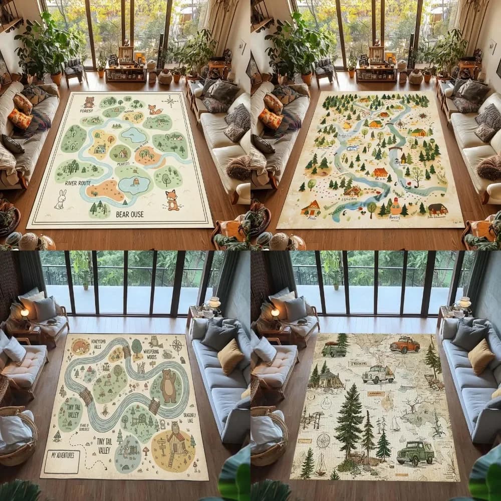 Vibrant Interactive Kids World Map Rug Educational Floor Carpet with Forest Animals River Scene for Playroom Bedroom Nursery Mat