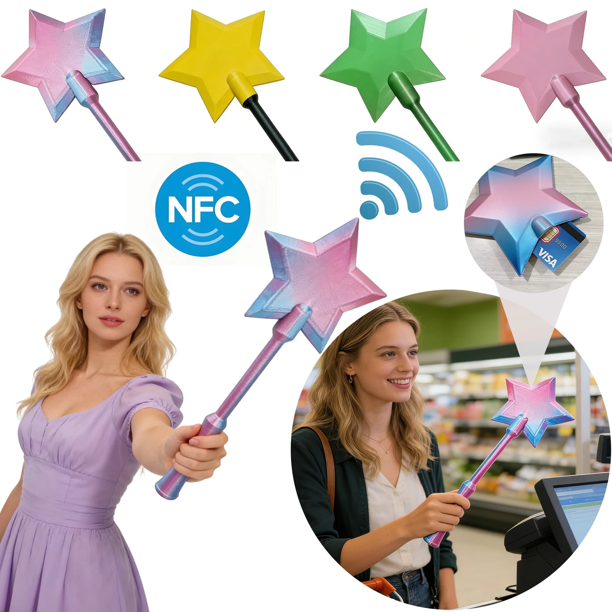 Supporto per bacchetta magica 3D stampato creativo con NFC per pagamenti contactless, portatile, divertente e leggero, per carte di credito, per uso quotidiano