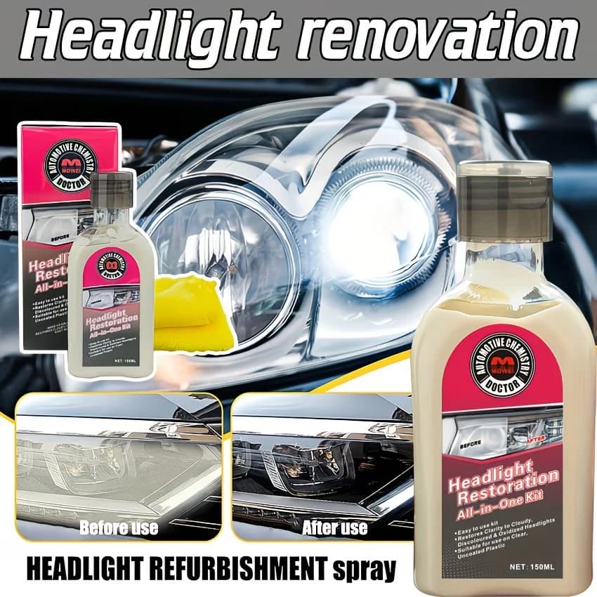 Kit di Restauro Fari Auto Tutto-in-Uno, Liquido Lucidante per Fari, Detergente per Fanali, Rimuovi Graffi per Lenti in Plastica Auto