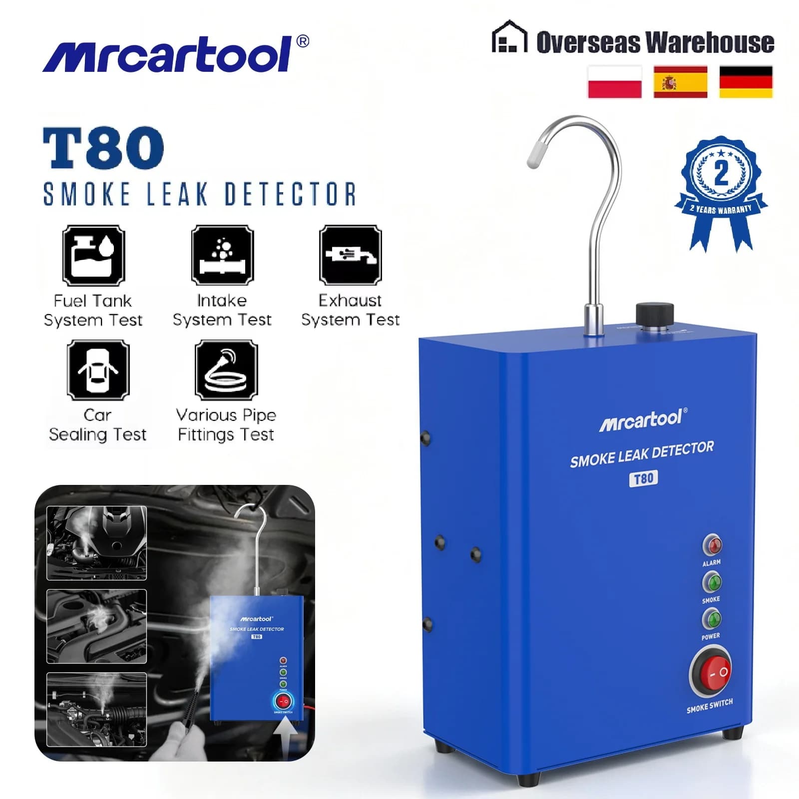 MR CARTOOL T80 Smoke Leak Detector DC 12V Built-in Air Pump EVAP System Vacuum Diagnostic Tool for Car Motorcycle Pipe Repair