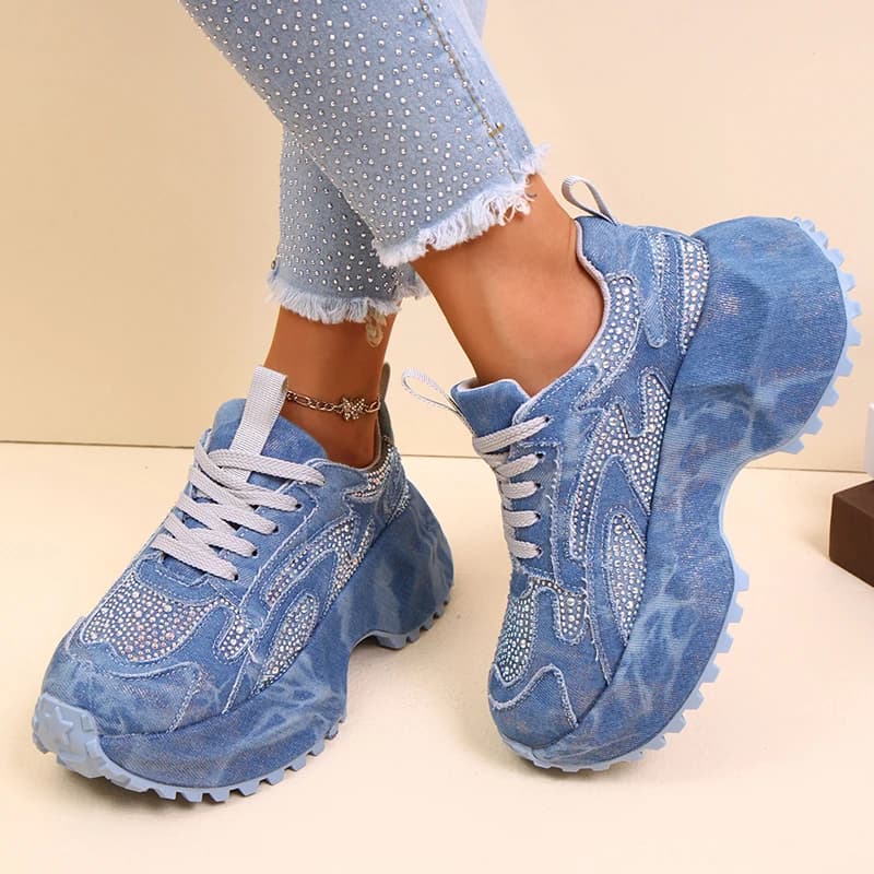 Scarpe da ginnastica robuste con strass alla moda da donna Scarpe sportive con lacci con suola spessa in denim blu Scarpe da ginnastica con plateau antiscivolo taglie forti da donna