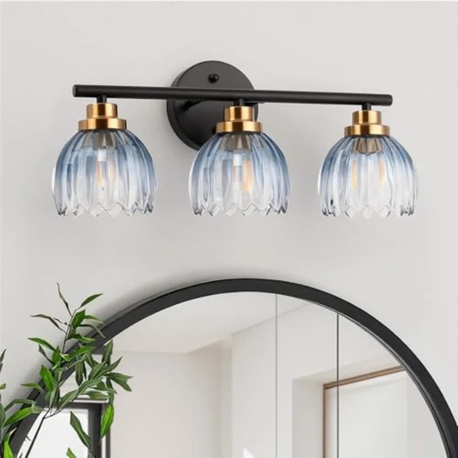 Lampade da Bagno Moderne Nere e Oro, Applique da Parete Sopra Specchio con Paralumi in Vetro Sfumato a Tulipano, Lampada da Parete per Bagno