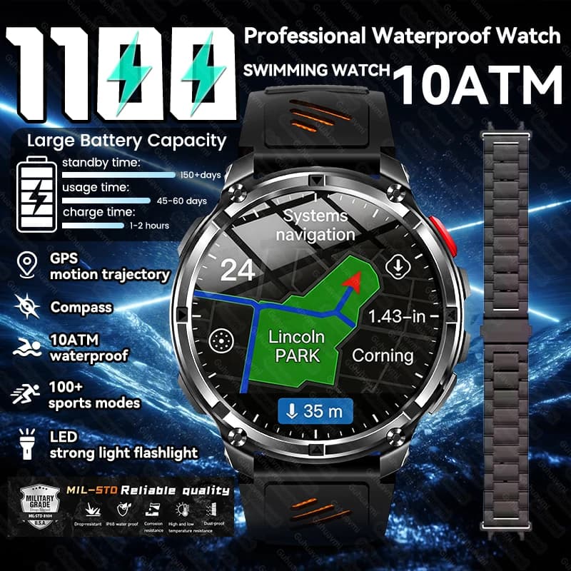 Nuovo Smartwatch 2026 con Batteria Grande da 1100mAh, GPS, Bussola, Impermeabile 10ATM, Chiamate Bluetooth, Display AMOLED HD per Uomo e Attività Sportive all'Aperto