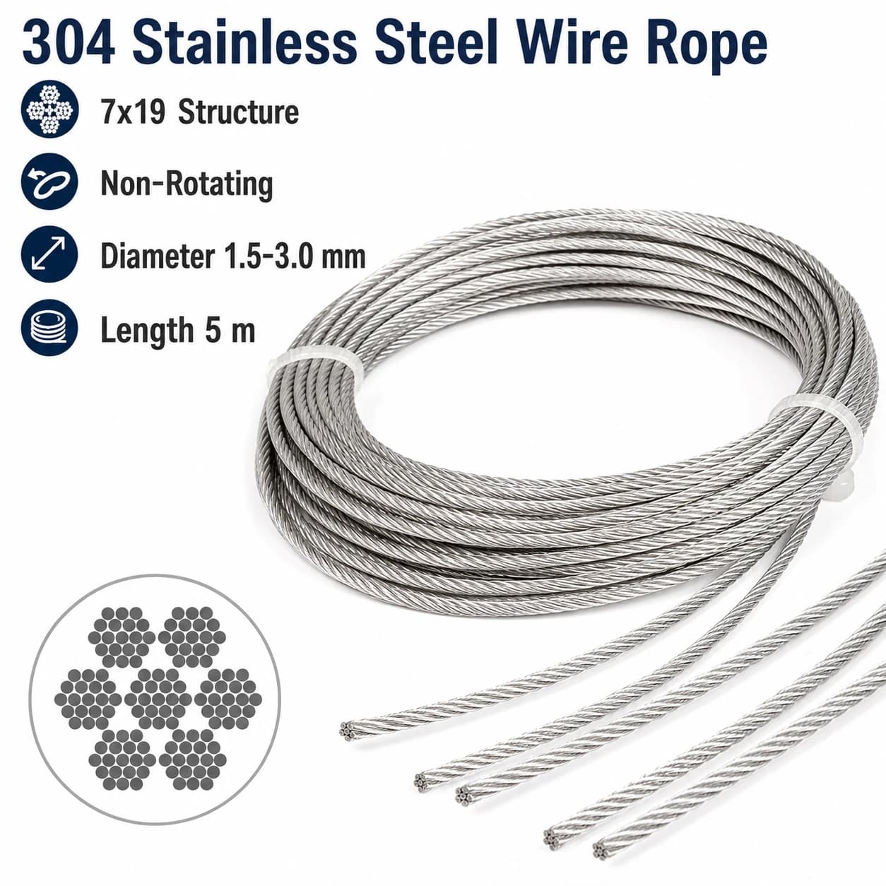1-2Pcs 5m 304 Stainlesss 7x19 Wire Rope 1.5-3.0mm, Corrosion Resistant Flexible Cable for Lifting, Marine, Industrial Rigging