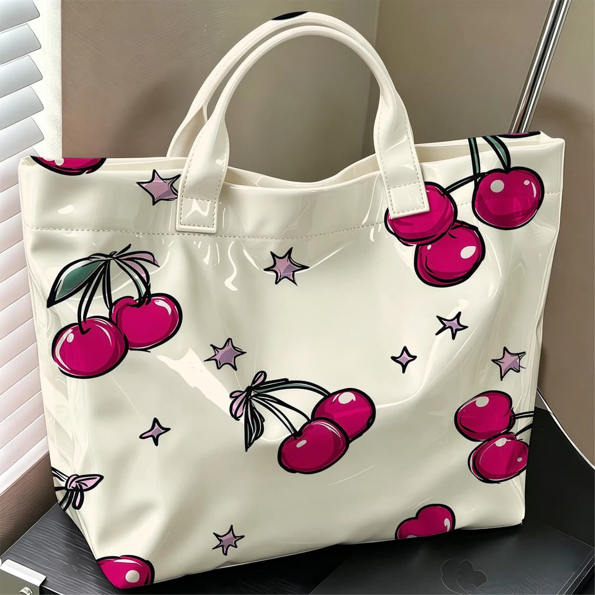 Cherry & Stars Stylish Large Glossy PVC Tote Bag Washable Waterproof Durable Ideal for Travel Commute Cosmetics Books Handbags