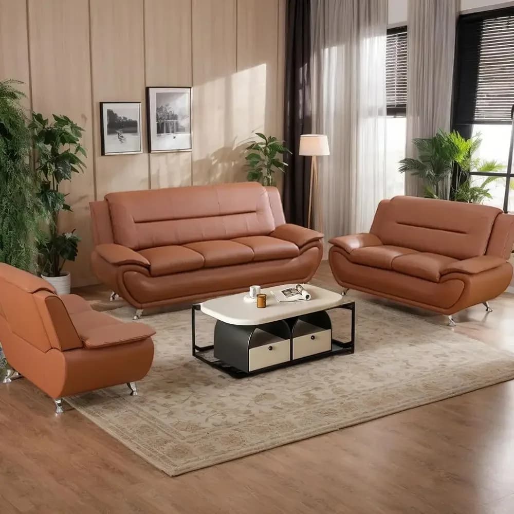 Modern Leather Sofa Set with Pillow Top Armrests, Ideal for Living Rooms, Offices, and Lounges (Orange, Sofa + Loveseat + Chair)