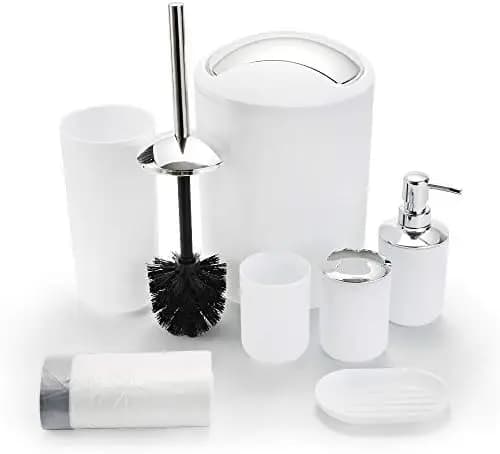 Set da bagno bianco da 6 pezzi con cestino e accessori