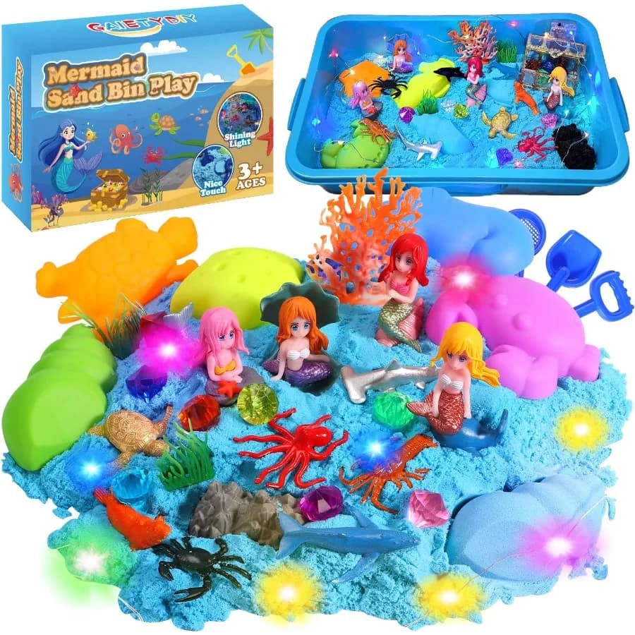 Contenitore sensoriale a sirena per ragazza Kit artistico con sabbia magica con luce a LED Sabbia sensoriale da 2,2 libbre Scatola con sabbia per animali marini dell'oceano con coperchio Sirena