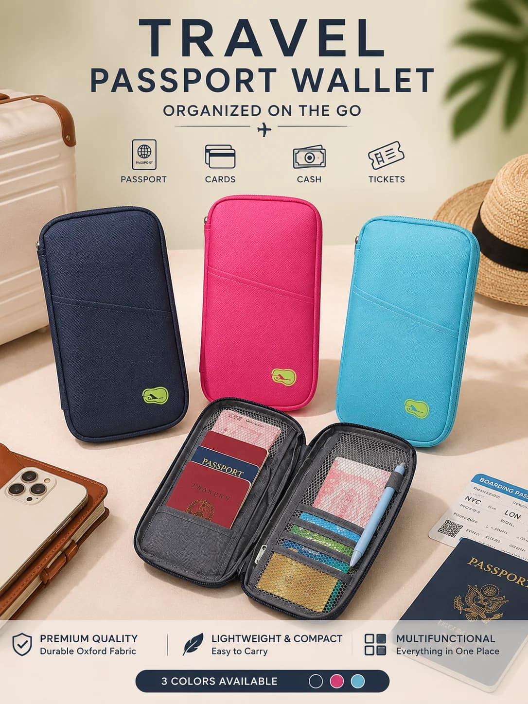 Travel Passport Document Holder, Multi-Function Card Ticket Organizer, Storage Pouch for Men Women Travel