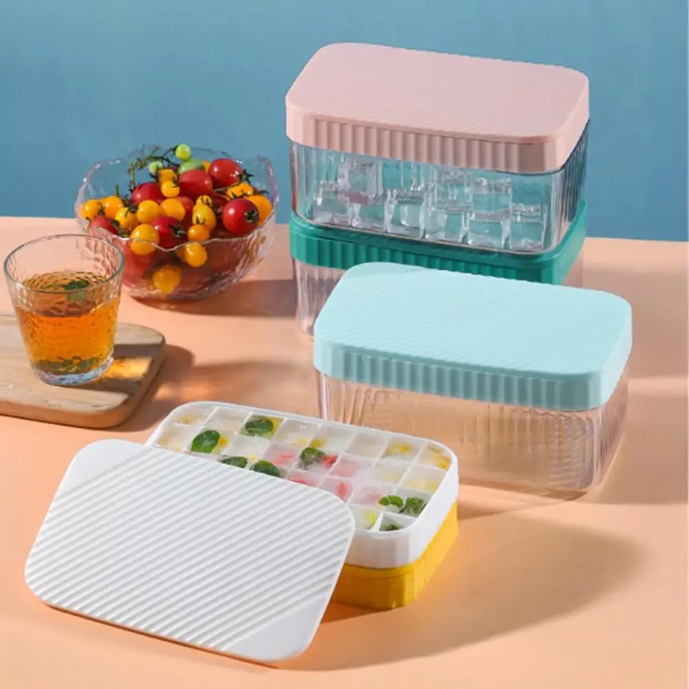 Ice Tray with Lid Capacity Ice Cube Tray Silicone Ice Cube Tray with Storage Box Leak-proof 32 Grid Mold Stackable for Freezer