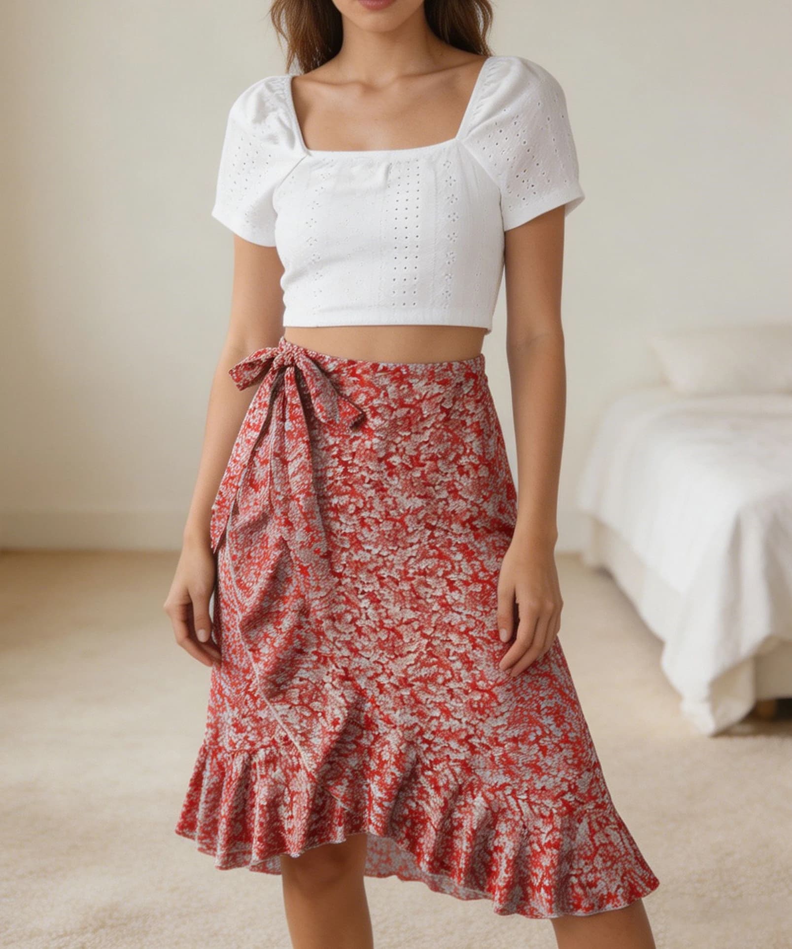 Spring Summer Ins Style Pink Floral Chiffon Ruffle Wrap Skirt Set, Knit Square Neck Short Sleeve T-Shirt & Irregular Slit Skirt